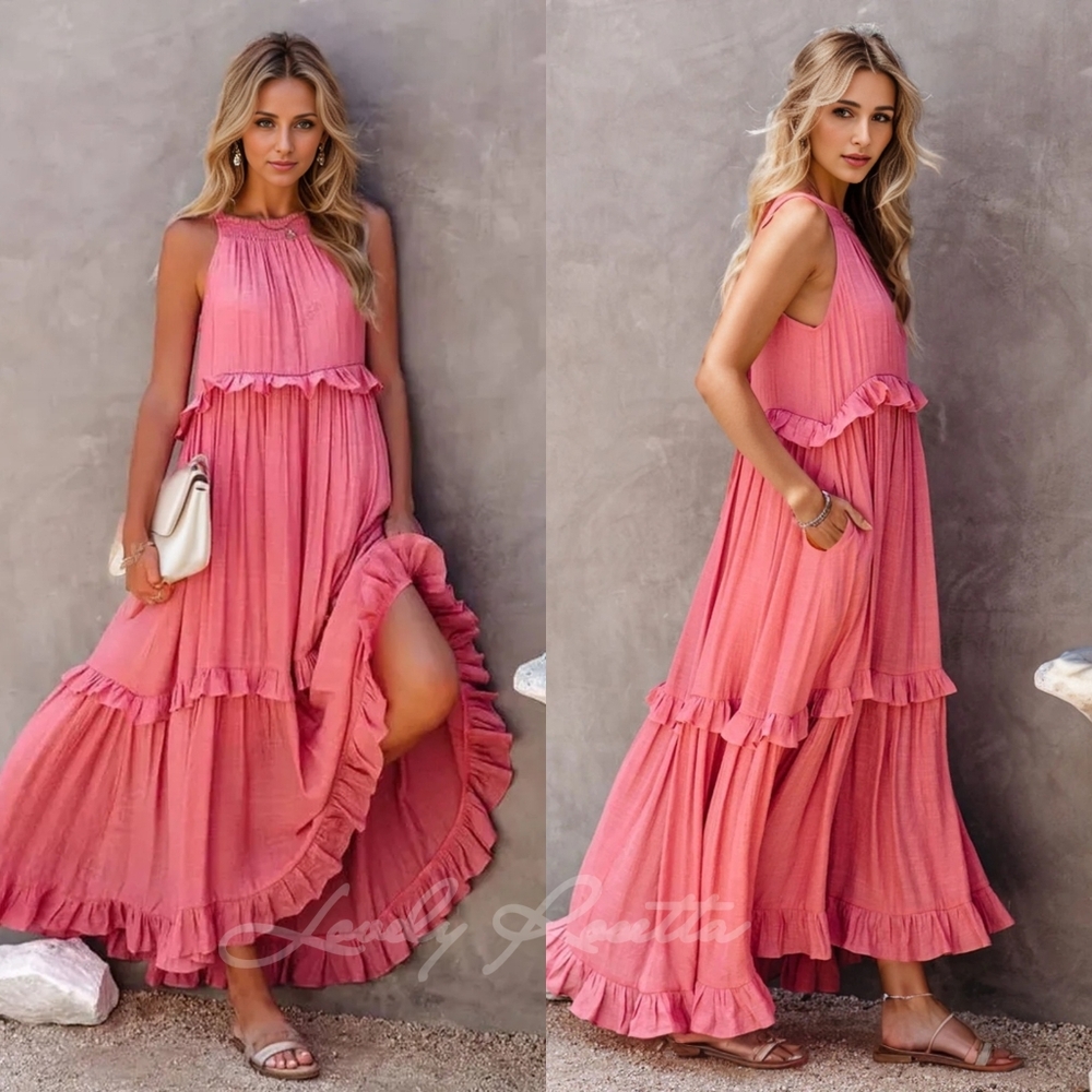Green Ruffled Sleeveless Tiered Maxi Dress with Pockets - Picture 8 of 13